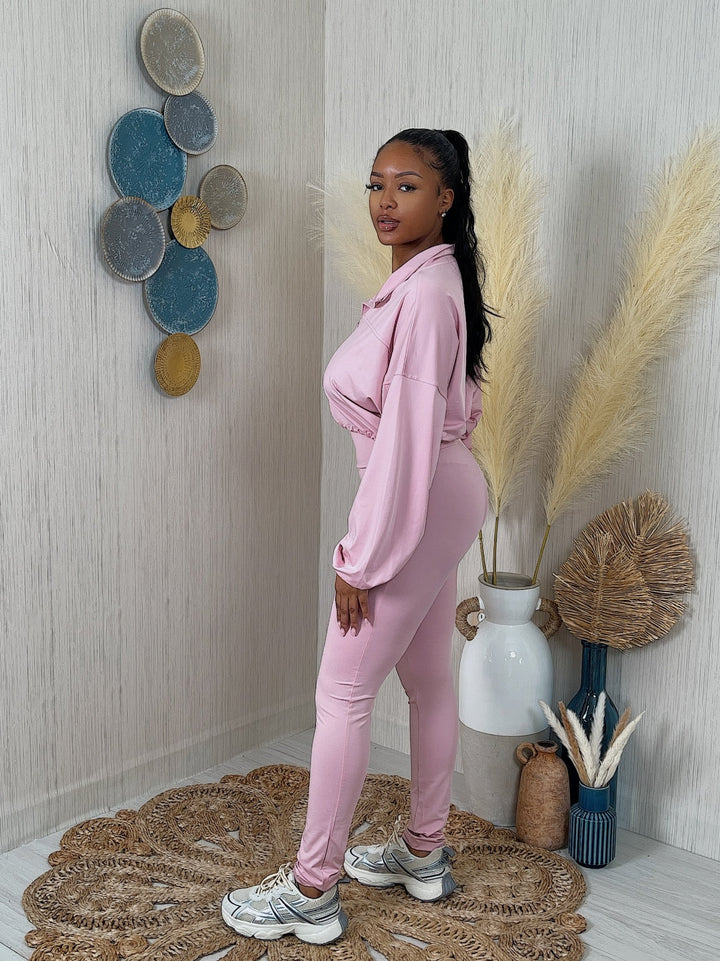 Solid Zip Up Crop Jacket & Leggings Set