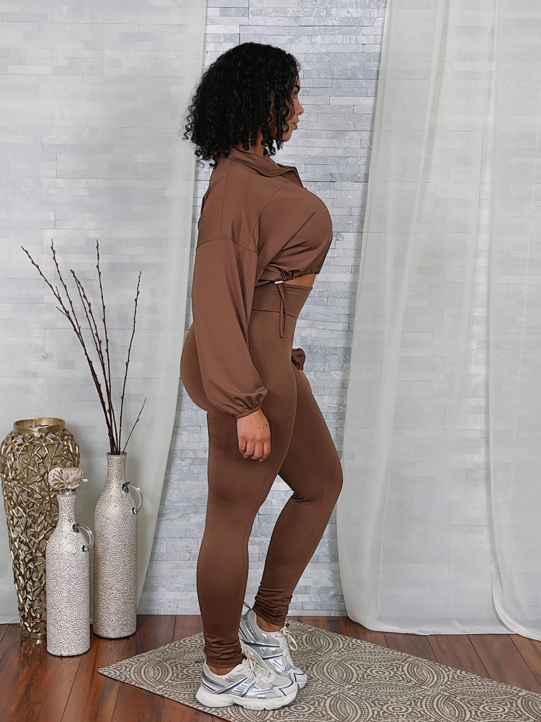 Solid Zip Up Crop Jacket & Leggings Set