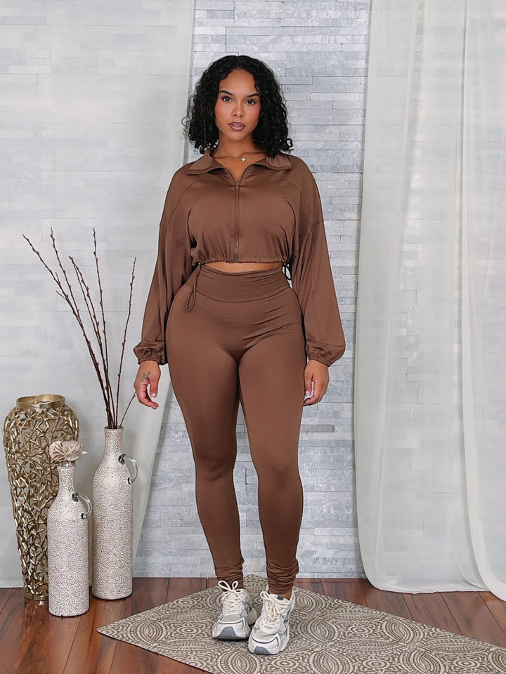 Solid Zip Up Crop Jacket & Leggings Set