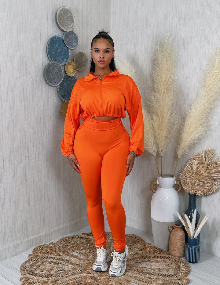 Solid Zip Up Crop Jacket & Leggings Set