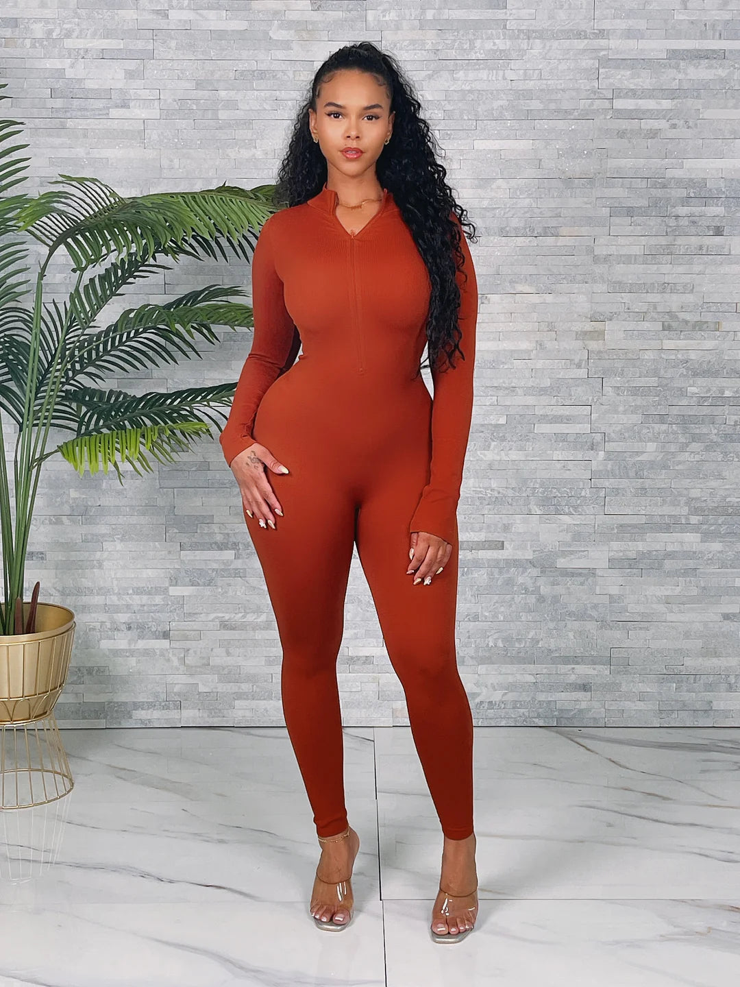 Seamless Ribbed Zipper Fitted Jumpsuit