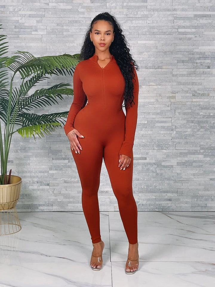 Seamless Ribbed Zipper Fitted Jumpsuit