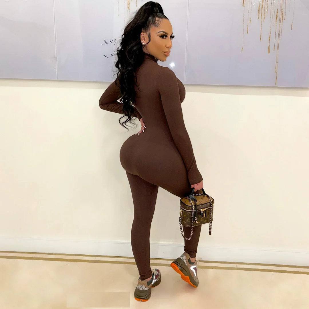 Seamless Ribbed Zipper Fitted Jumpsuit