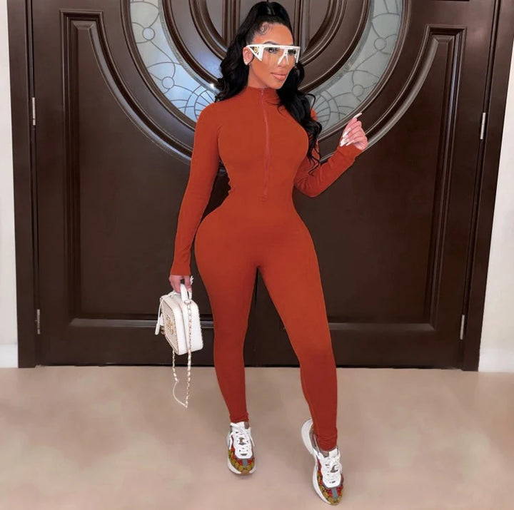 Seamless Ribbed Zipper Fitted Jumpsuit