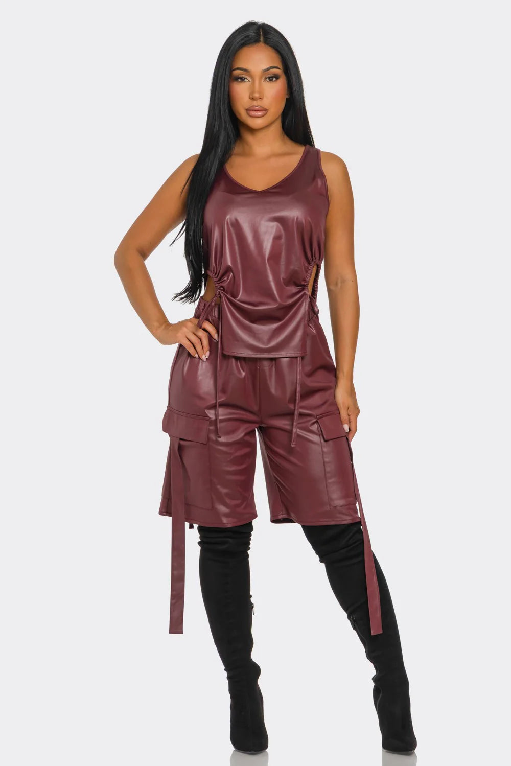 FAUX PU TANK TOP & JORTS SET