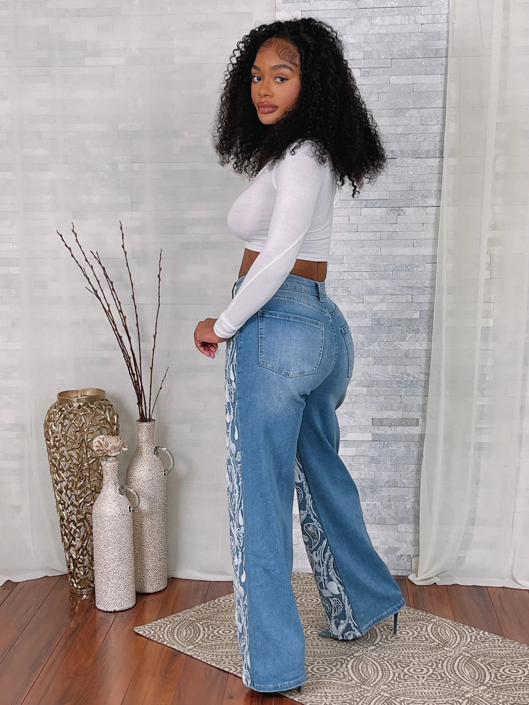 SEQUINS DETAIL DENIM PANTS