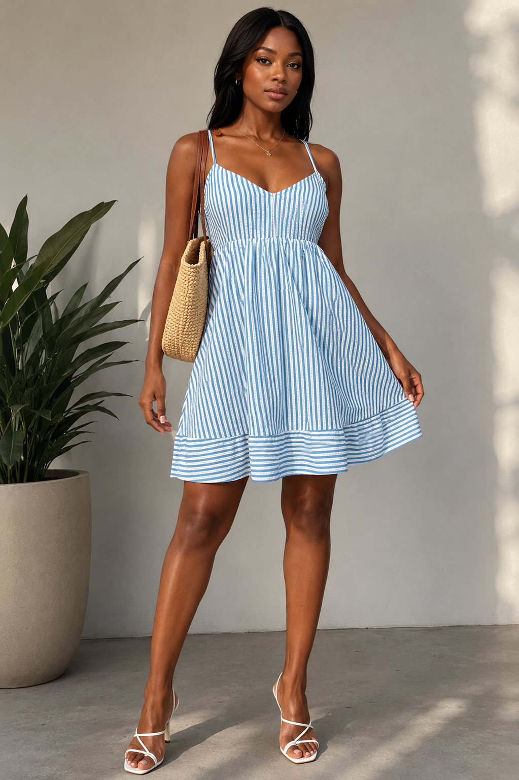 Striped Back Lace Detail Cami Dress