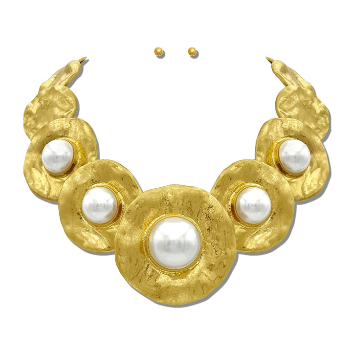 HAMMERED 24K GOLD TONE CABOCHON STATEMENT NECKLACE SET