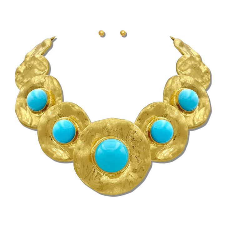 HAMMERED 24K GOLD TONE CABOCHON STATEMENT NECKLACE SET