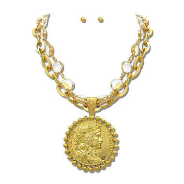 24K GOLD TONE COIN PENDANT CHAIN NECKLACE SET