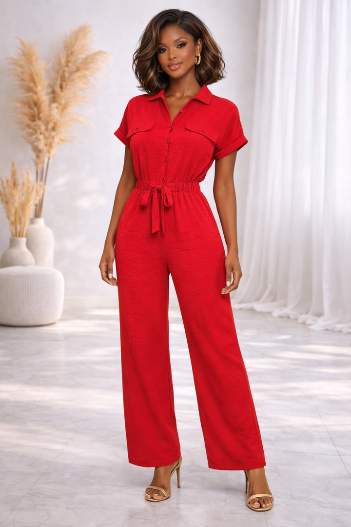WRINKLE V NECK SS SHIRT JUMPSUIT
