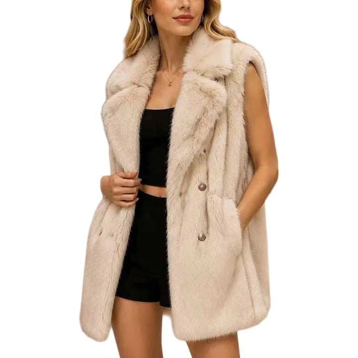 NOTCHED LAPEL FAUX FUR VES