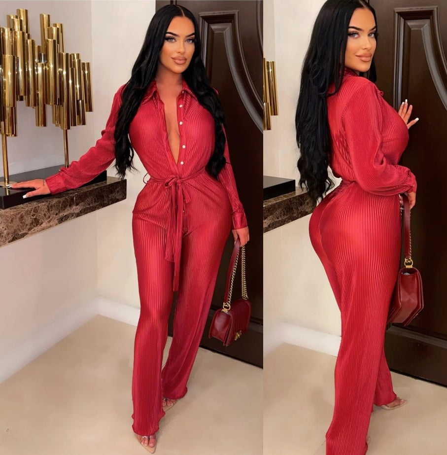 Crinckled Fabric Button Down Tie Waist Jumpsuit