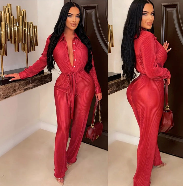 Crinckled Fabric Button Down Tie Waist Jumpsuit