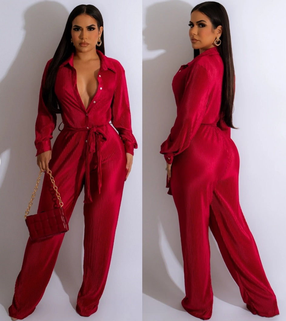 Crinckled Fabric Button Down Tie Waist Jumpsuit
