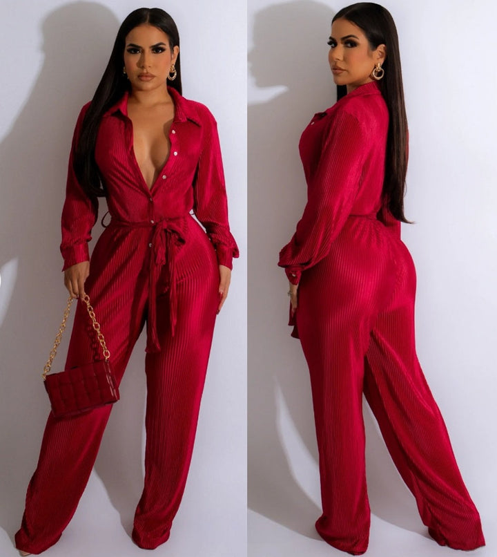 Crinckled Fabric Button Down Tie Waist Jumpsuit