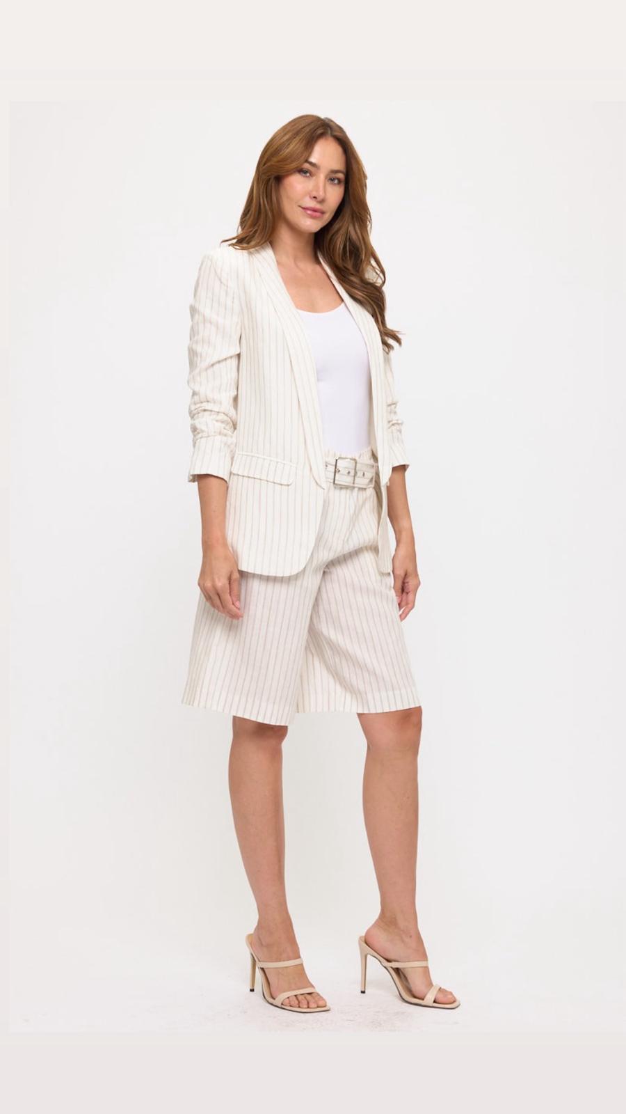 Mia Pin Stripe Linen  Ruched SLV Blazer