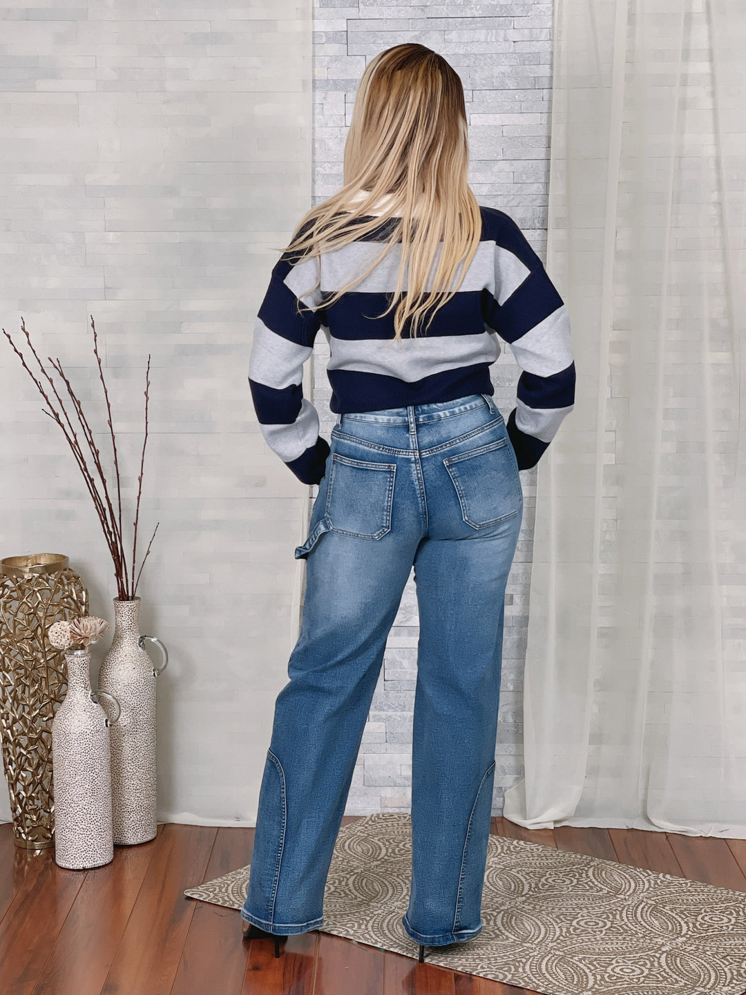 Collar Stripe Knit LS Crop Top