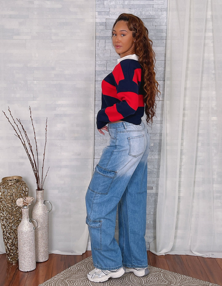 Collar Stripe Knit LS Crop Top