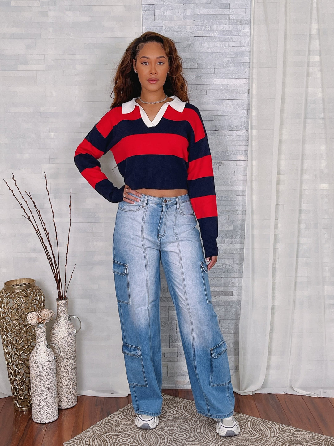 Collar Stripe Knit LS Crop Top