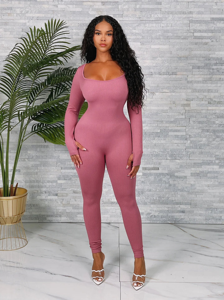 Fitted Seamless Ribbed Long Sleeve Jumpsuit