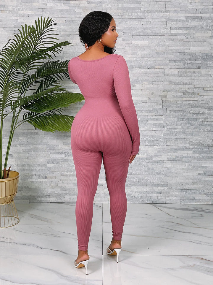 Fitted Seamless Ribbed Long Sleeve Jumpsuit