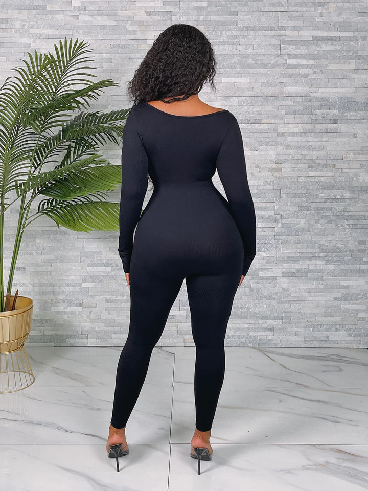 Fitted Seamless Ribbed Long Sleeve Jumpsuit