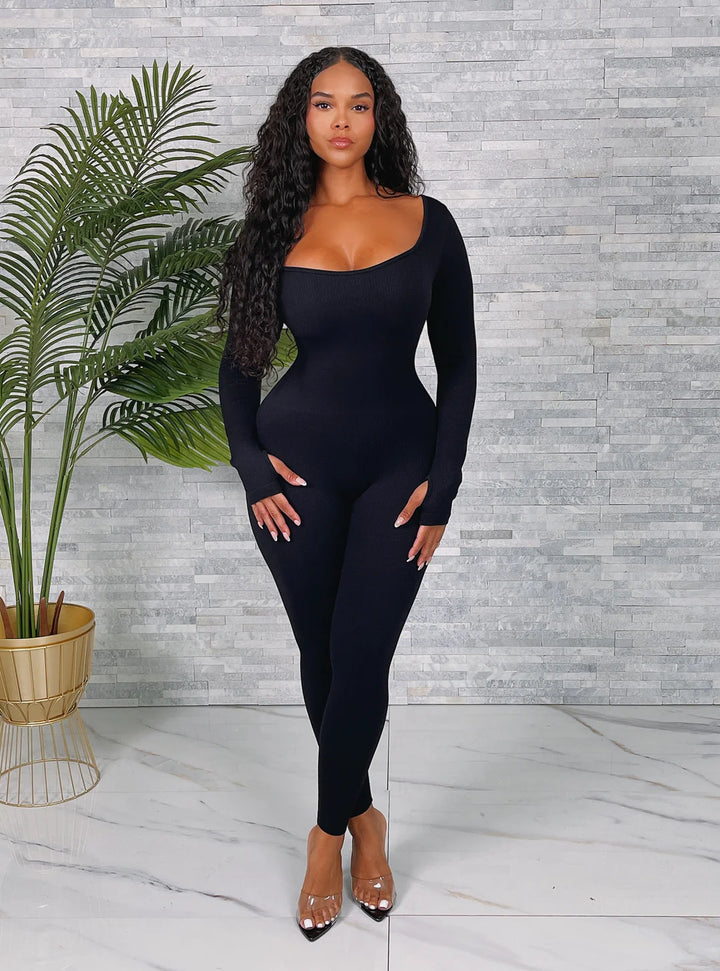 Fitted Seamless Ribbed Long Sleeve Jumpsuit