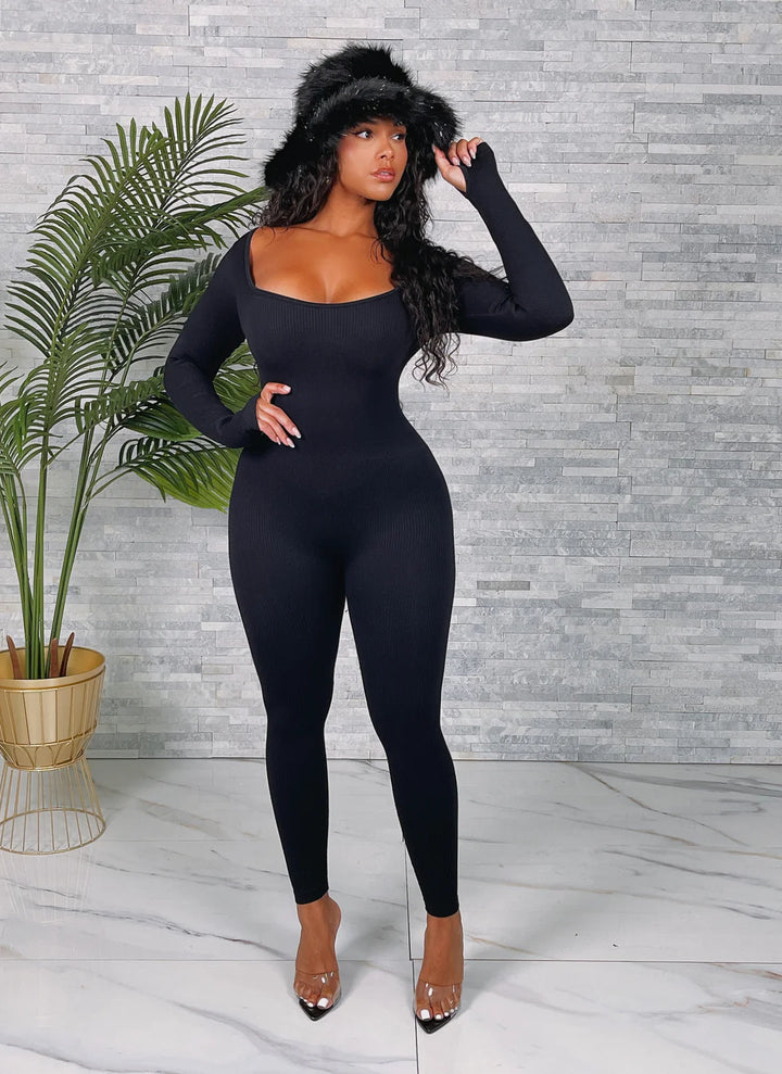 Fitted Seamless Ribbed Long Sleeve Jumpsuit