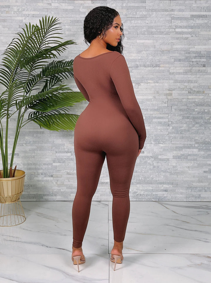 Fitted Seamless Ribbed Long Sleeve Jumpsuit