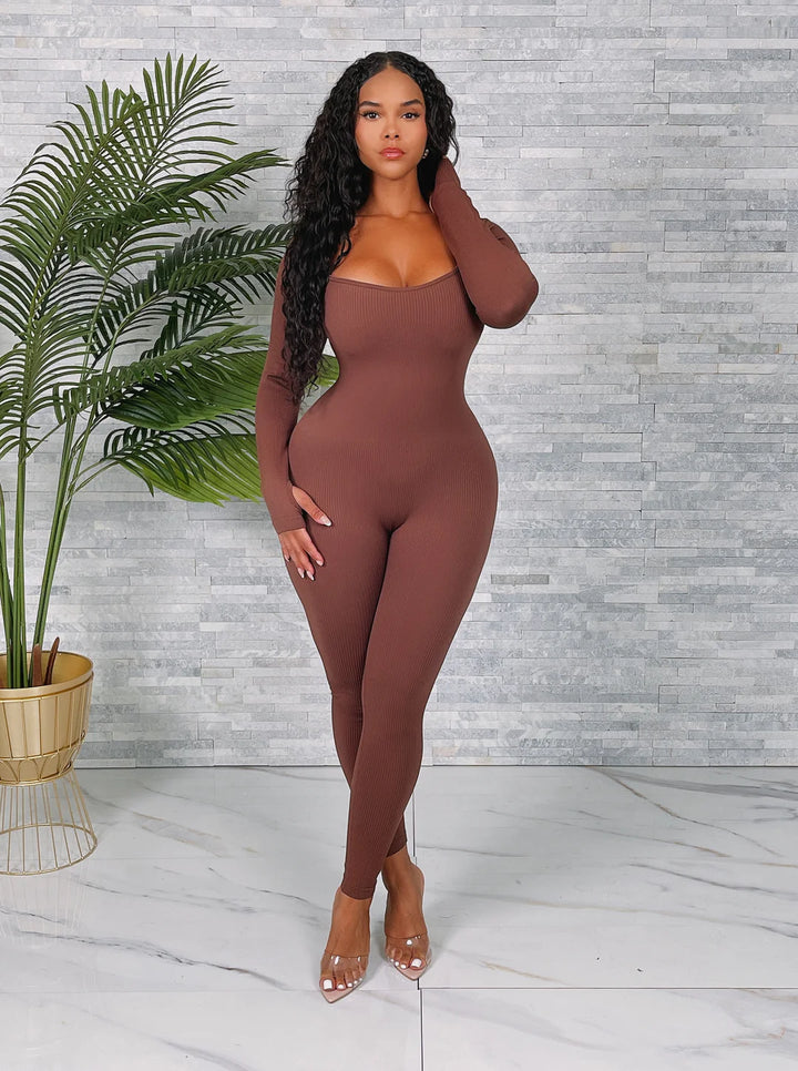 Fitted Seamless Ribbed Long Sleeve Jumpsuit