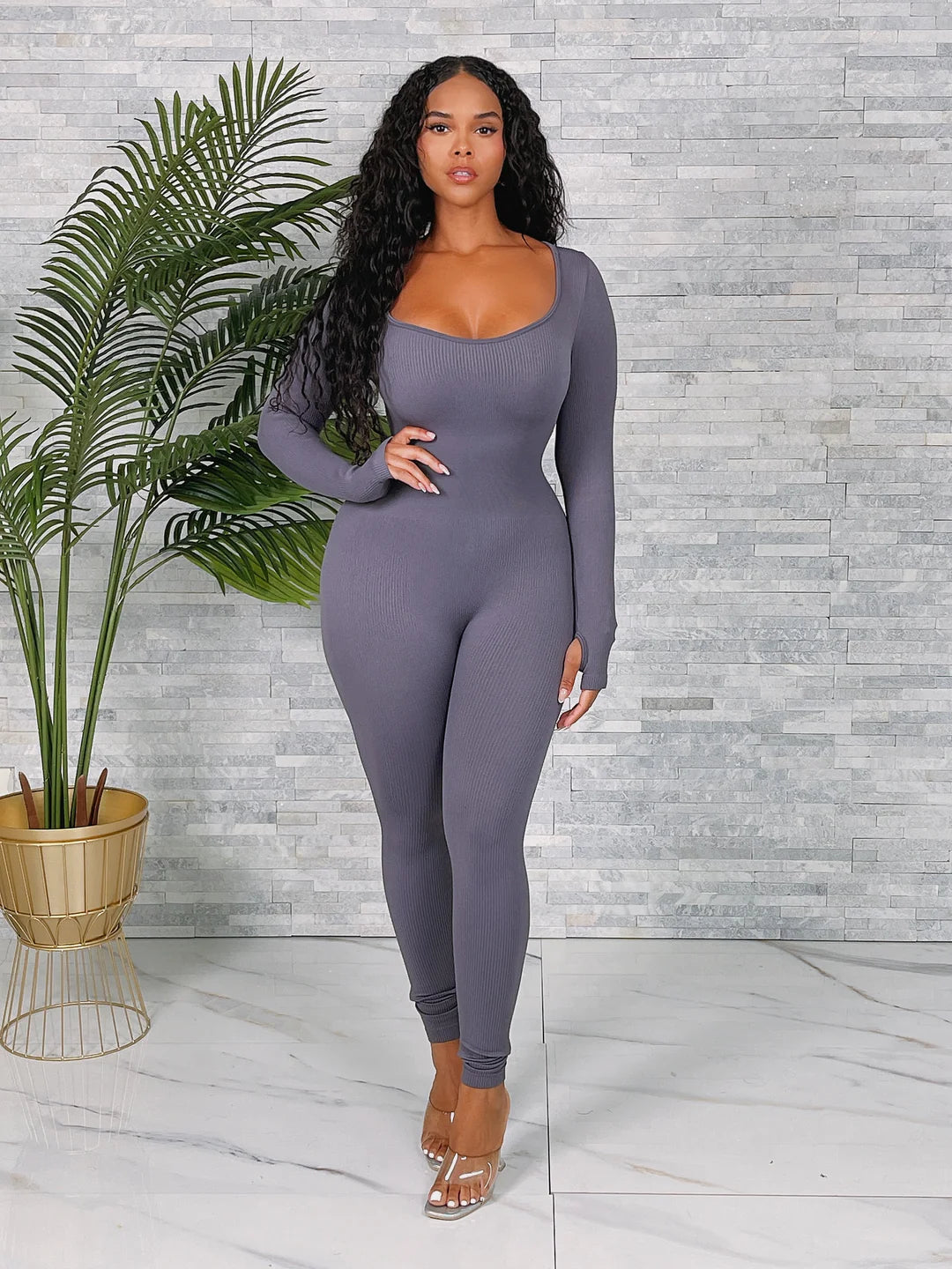 Fitted Seamless Ribbed Long Sleeve Jumpsuit