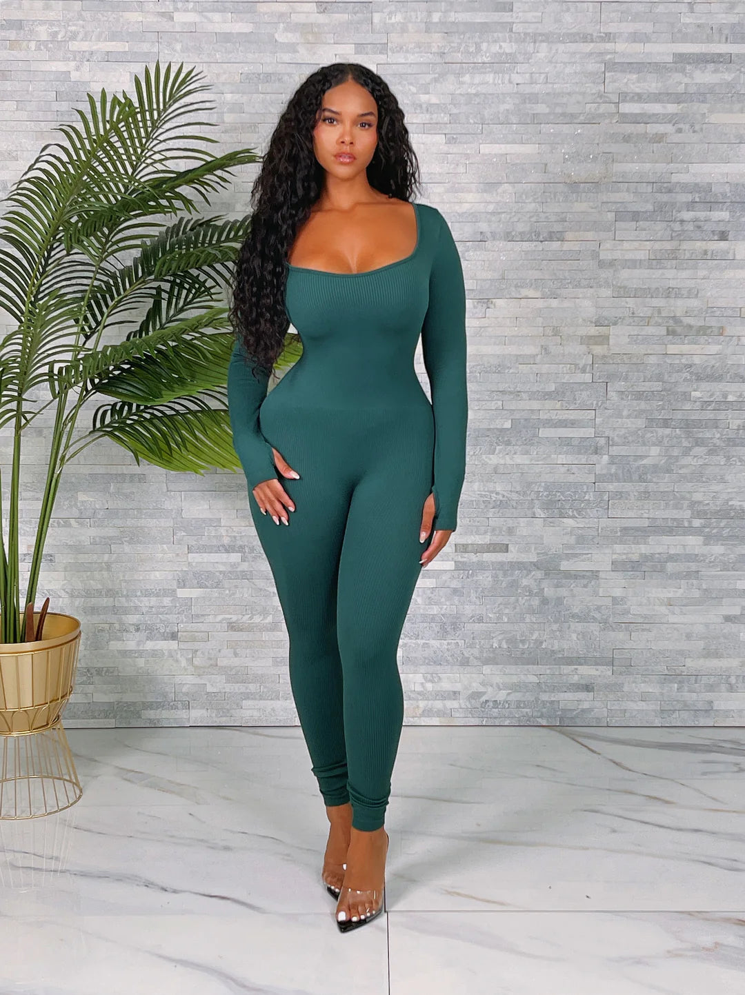 Fitted Seamless Ribbed Long Sleeve Jumpsuit