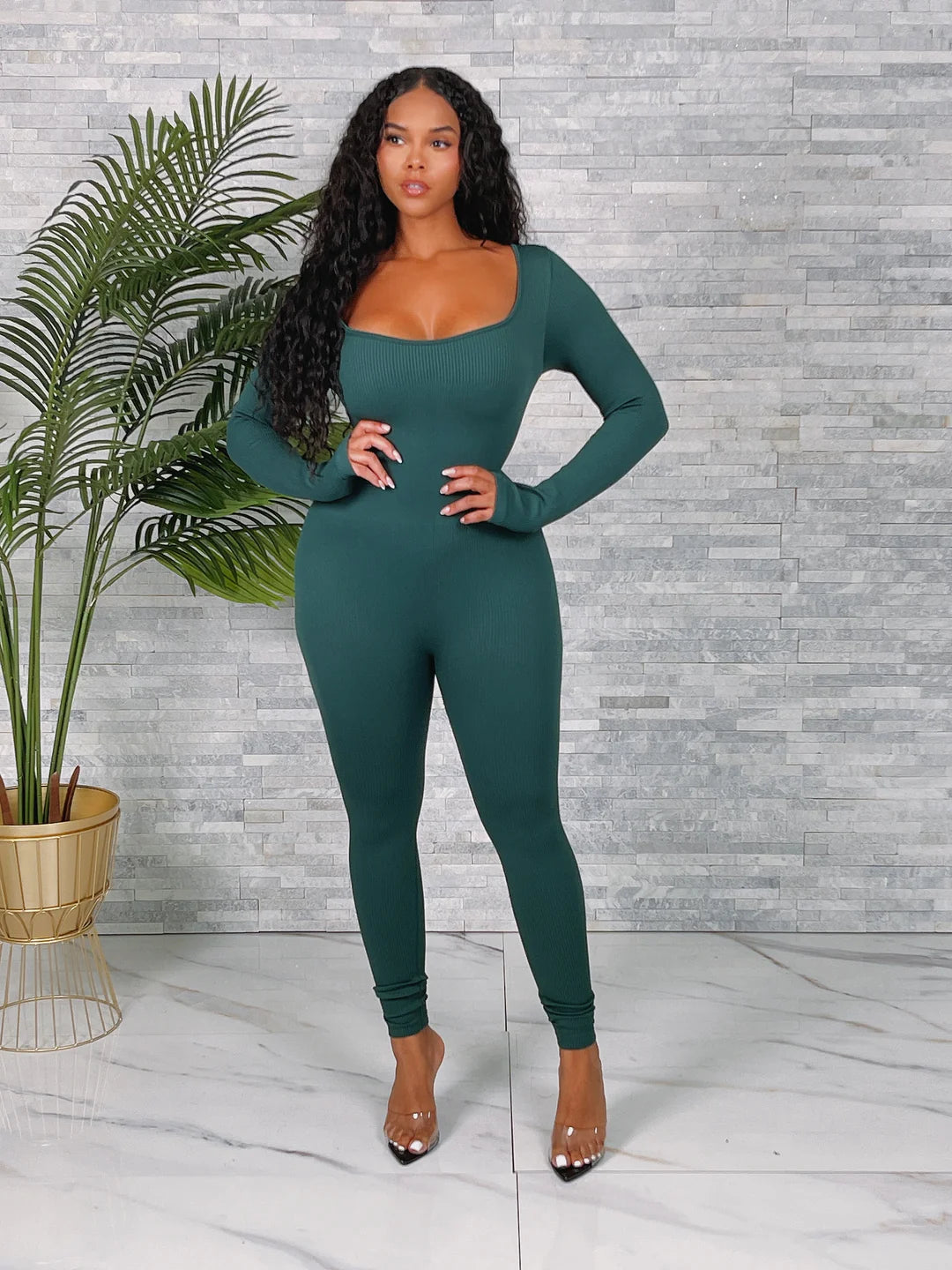 Fitted Seamless Ribbed Long Sleeve Jumpsuit