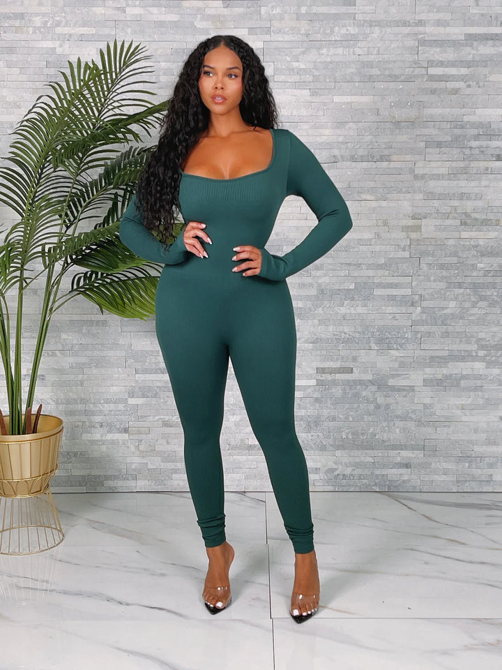 Fitted Seamless Ribbed Long Sleeve Jumpsuit