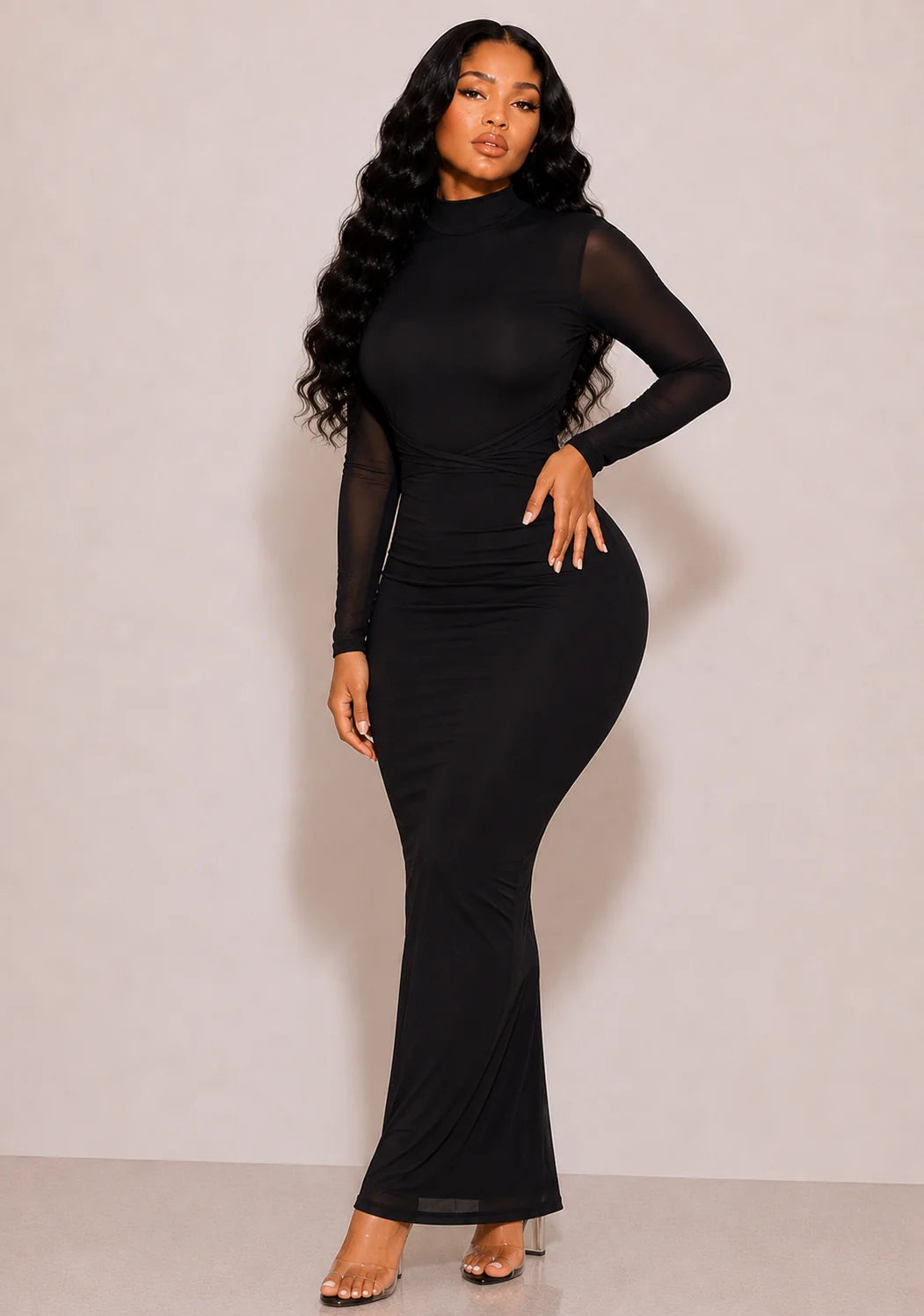 MOCK NECK OPEN BACK MESH LS DRESS