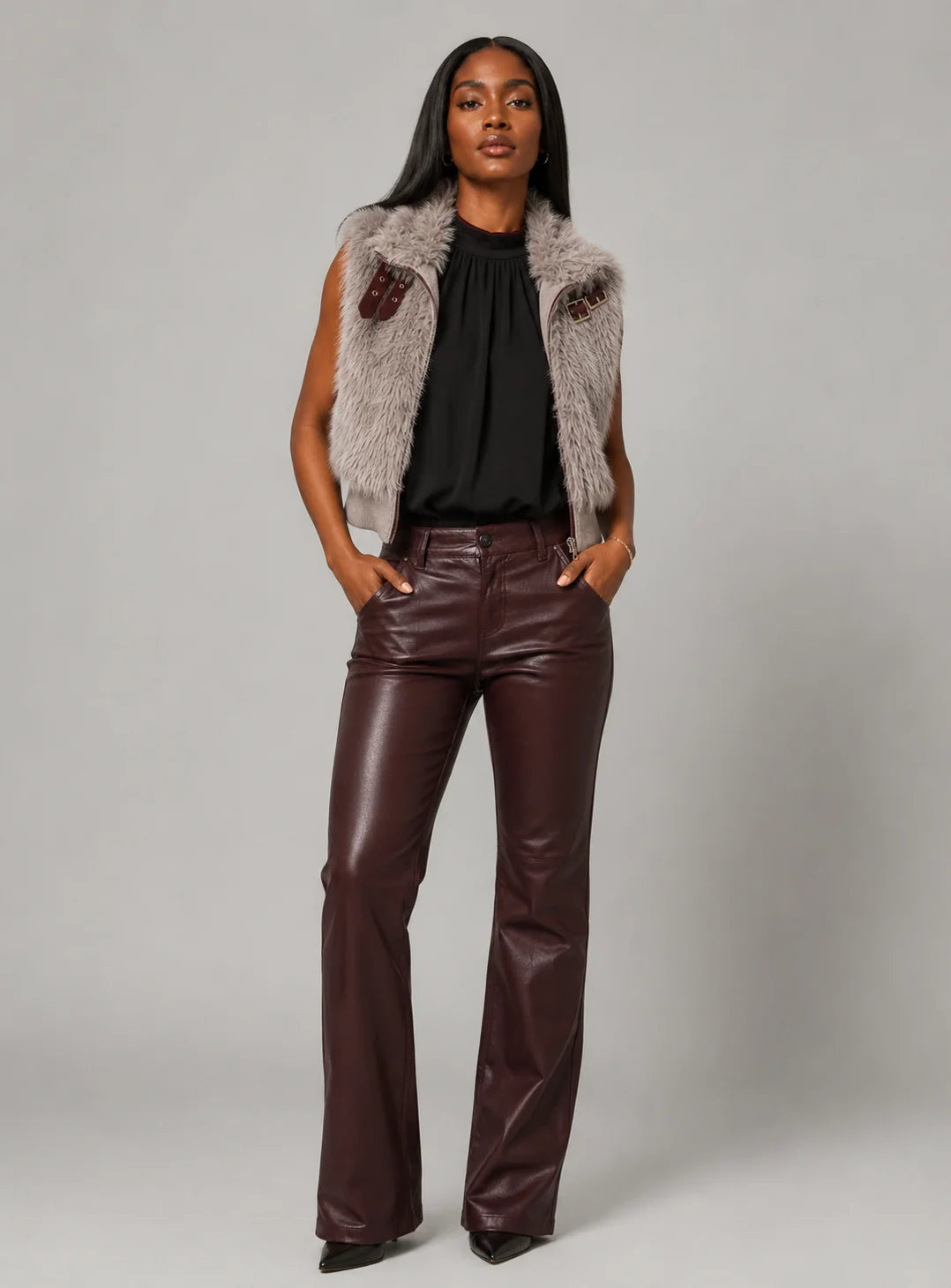 FAUX FUR BUCKLE TRIM NECK ZIP UP VEST