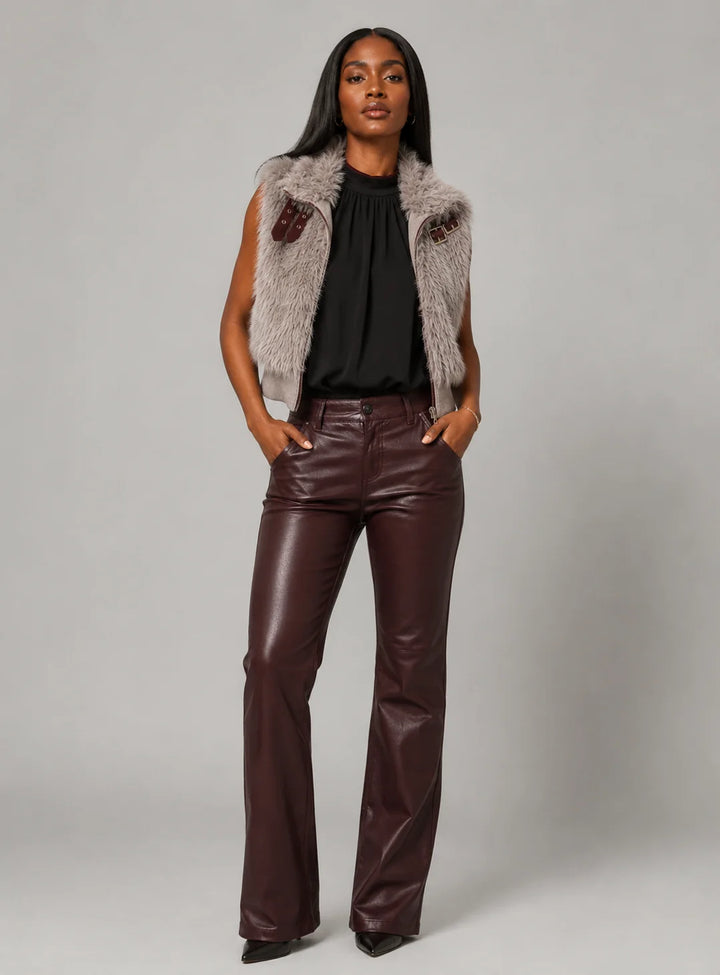 FAUX FUR BUCKLE TRIM NECK ZIP UP VEST