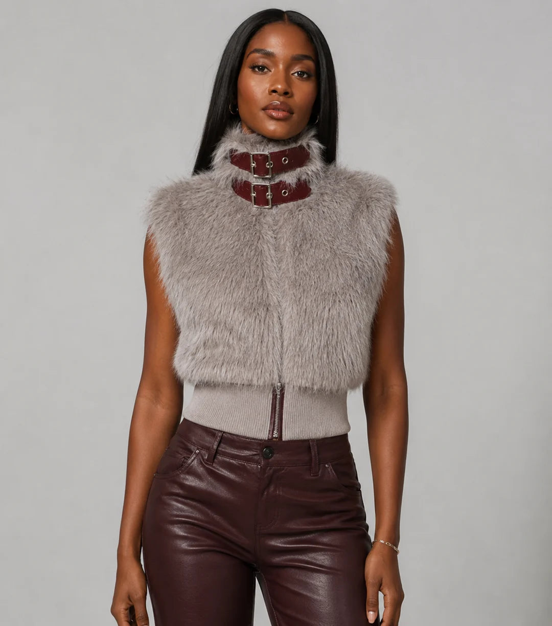 FAUX FUR BUCKLE TRIM NECK ZIP UP VEST