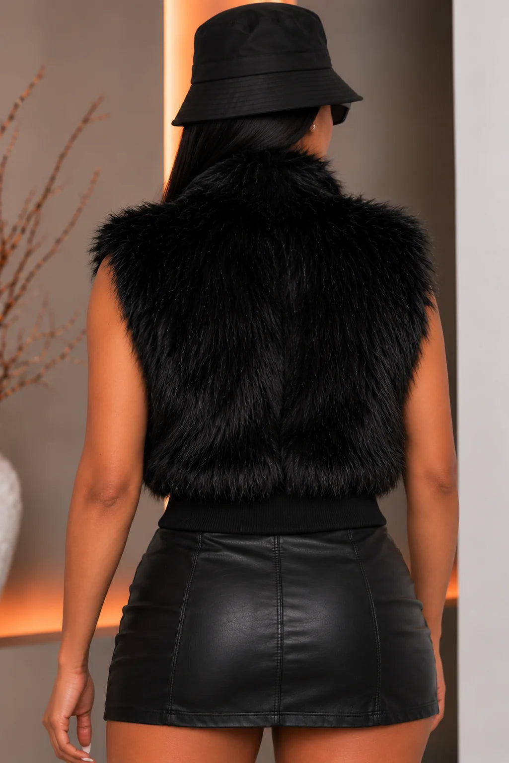 FAUX FUR BUCKLE TRIM NECK ZIP UP VEST