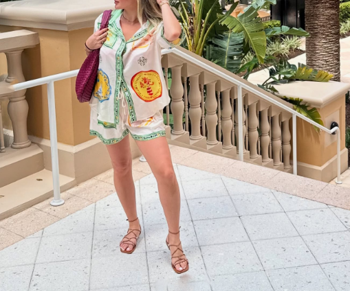 Stamp Print Shirt & Shorts Set