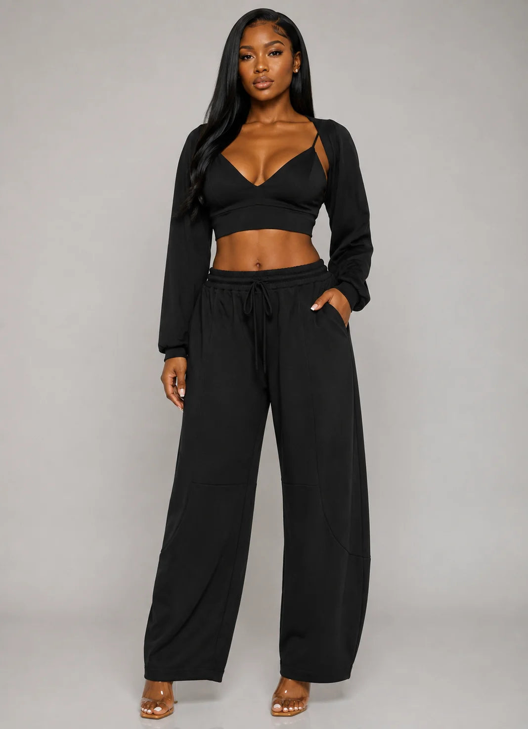 Open Front Cardigan Inside Tank Crop Top And Pants 3 Pcs Set