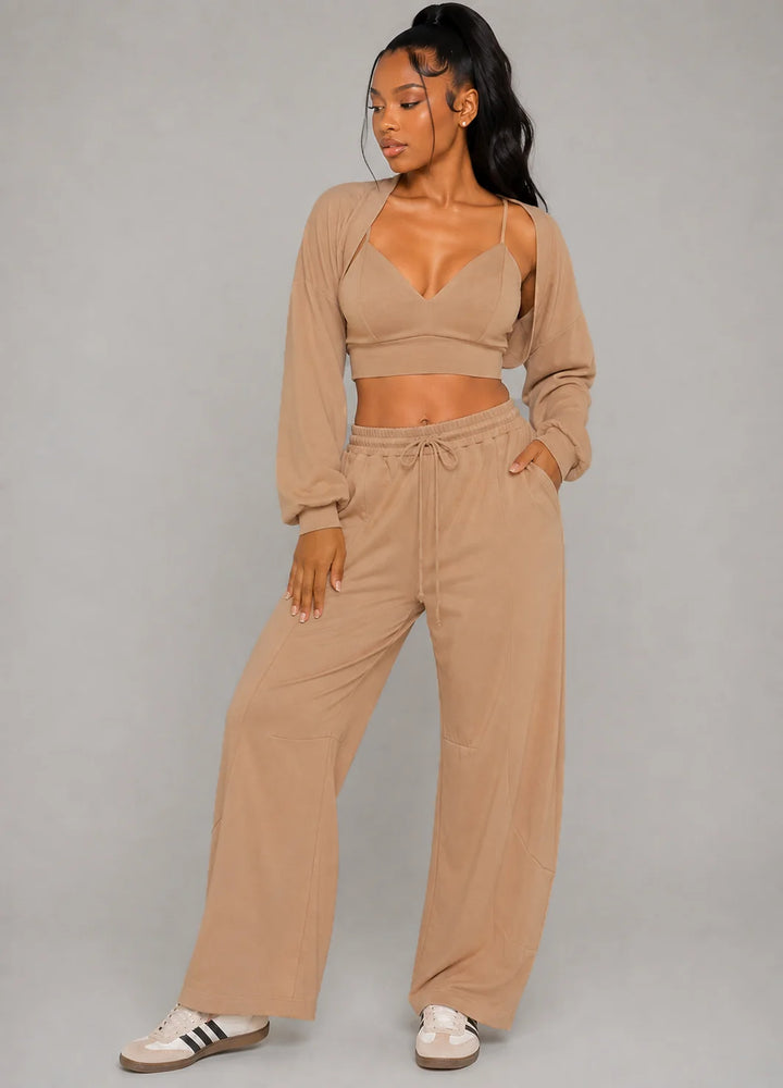 Open Front Cardigan Inside Tank Crop Top And Pants 3 Pcs Set