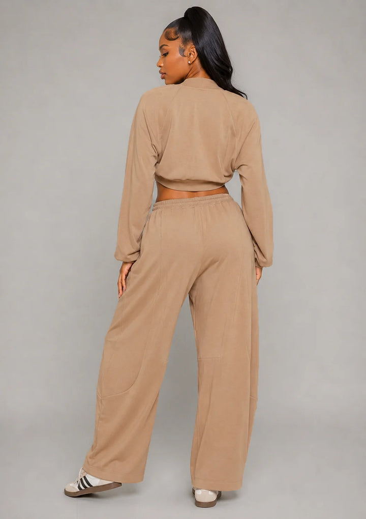 Open Front Cardigan Inside Tank Crop Top And Pants 3 Pcs Set