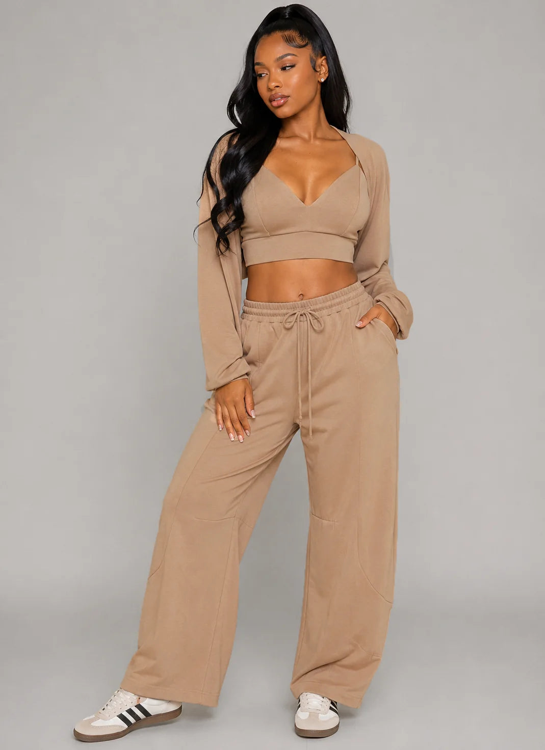 Open Front Cardigan Inside Tank Crop Top And Pants 3 Pcs Set