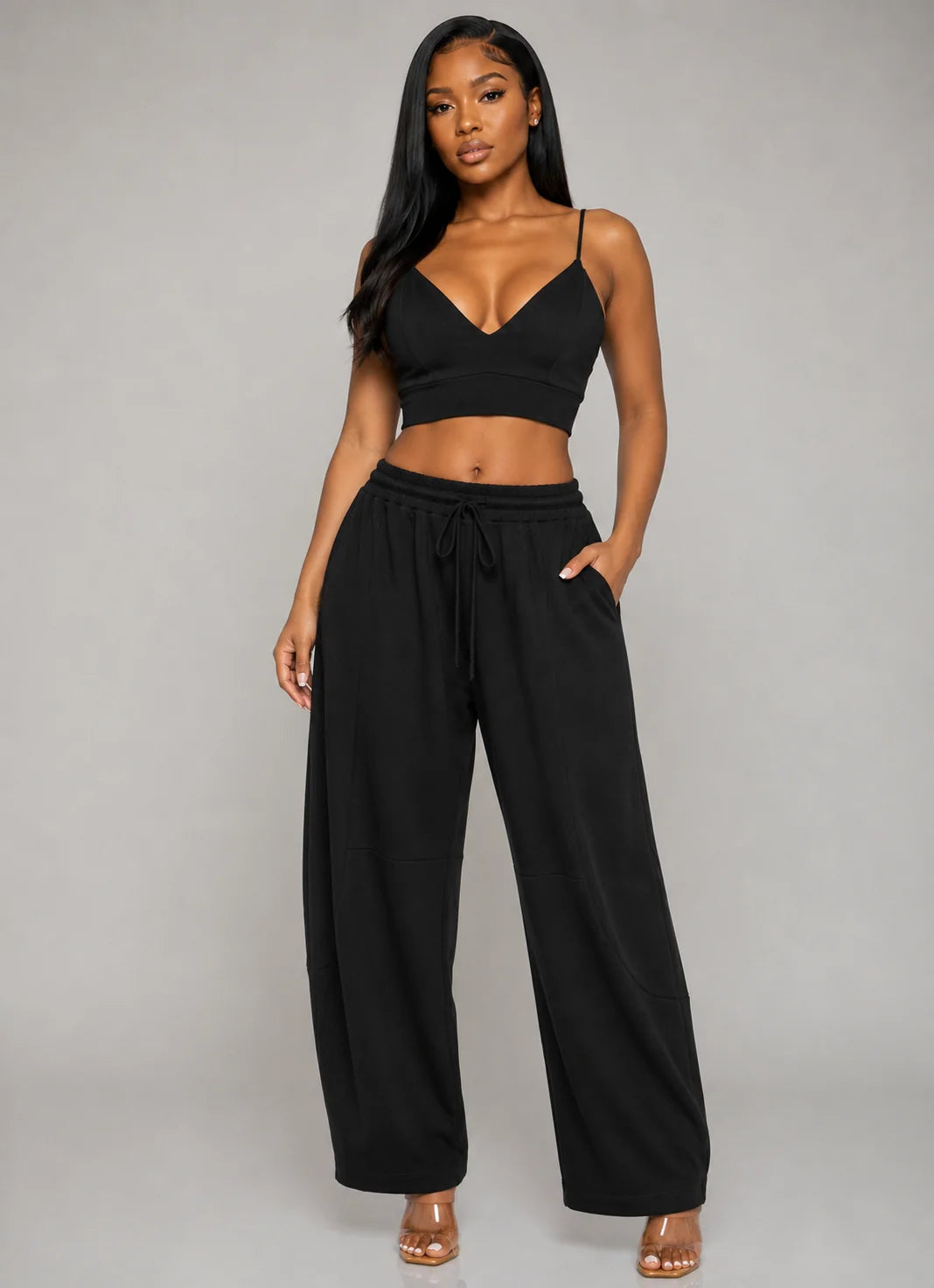 Open Front Cardigan Inside Tank Crop Top And Pants 3 Pcs Set