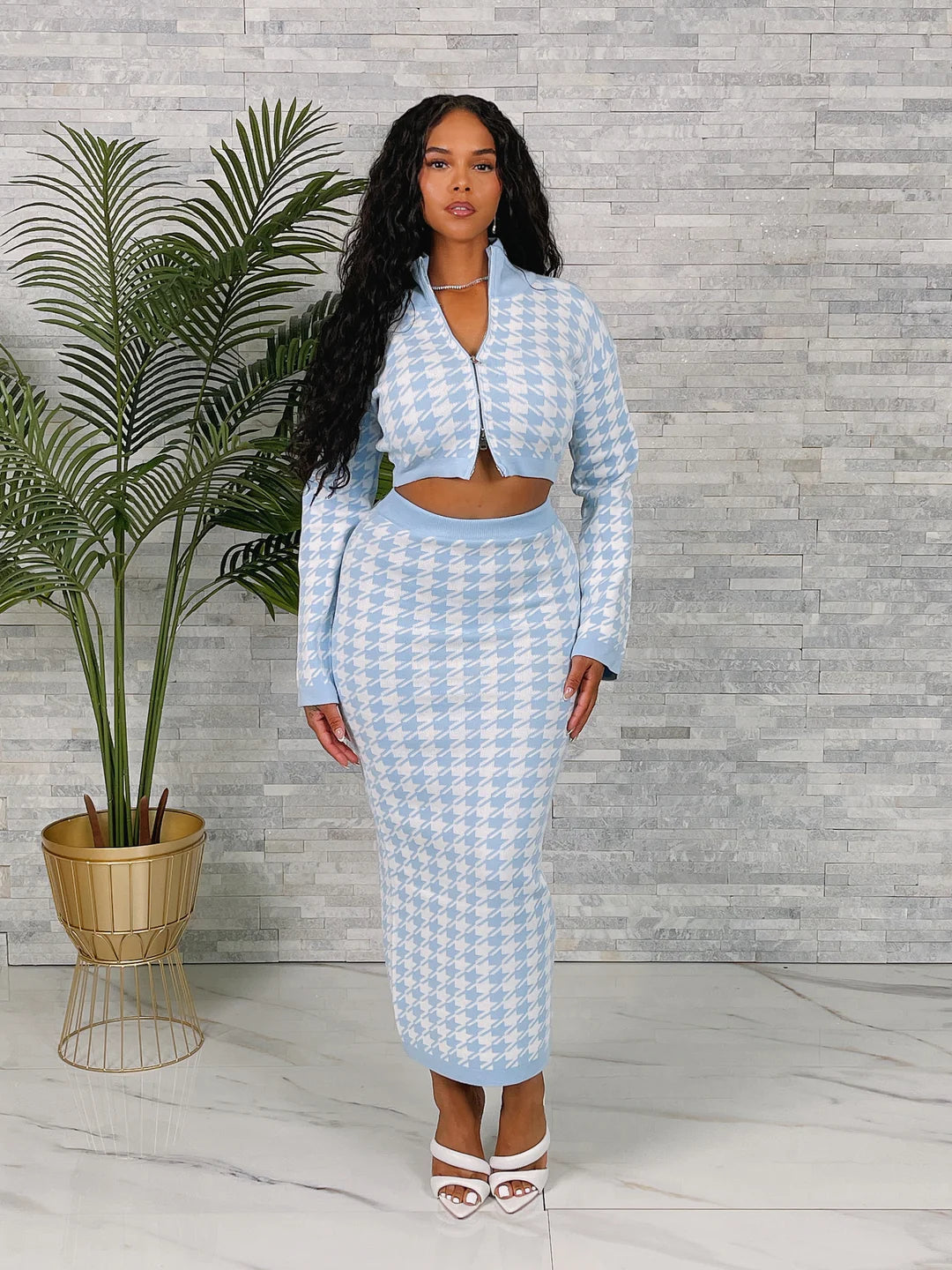 Houndstooth Pattern Turtleneck and Midi Skirt Set