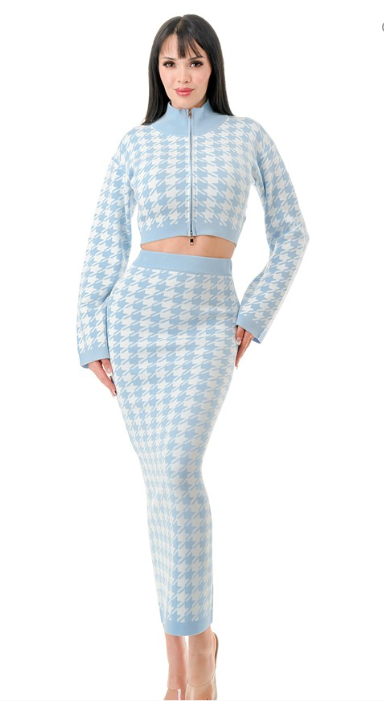 Houndstooth Pattern Turtleneck and Midi Skirt Set