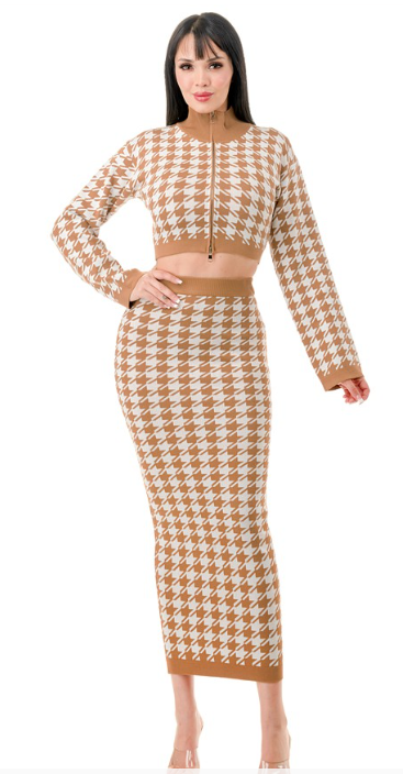 Houndstooth Pattern Turtleneck and Midi Skirt Set