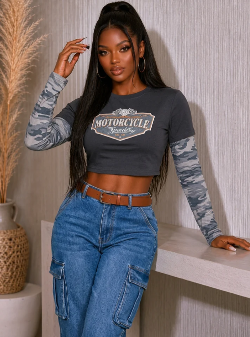 CAMO SLEEVE ROUND NECK TOP